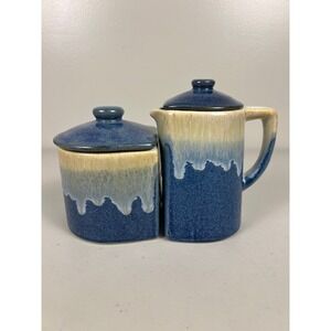 Handmade Blue Drip Glaze Ceramic Cream and Sugar Set with Lids Nested Pottery